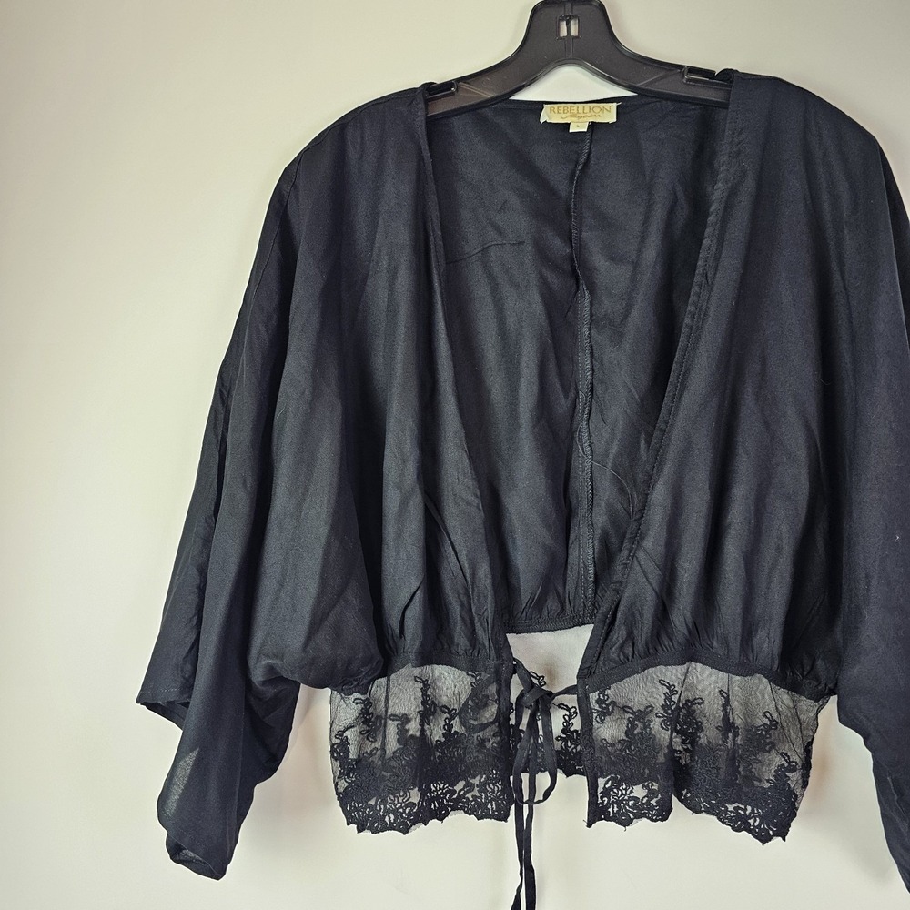 Rebellion Again Black Lace Trim Cropped Kimono Sleeve Blouse Top Peasant Boho L - Picture 5 of 7
